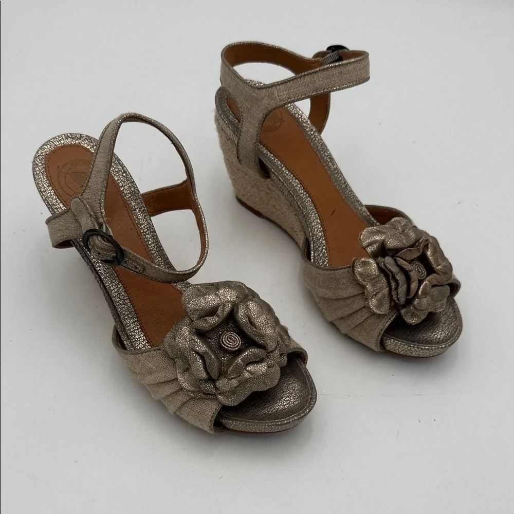 Vintage Elegant Metallic Wedge Sandals leather canvas 7.5 boho casual office Y2K